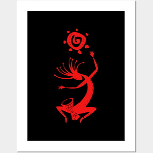 Kokopelli Sun Drummer Red Posters and Art